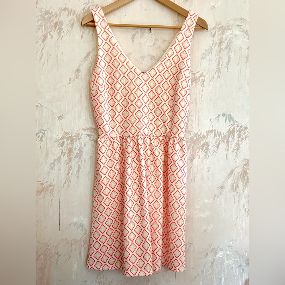 Copper Key Geometric Diamond Knit Skater Dress - Ivory / Coral Orange Medium